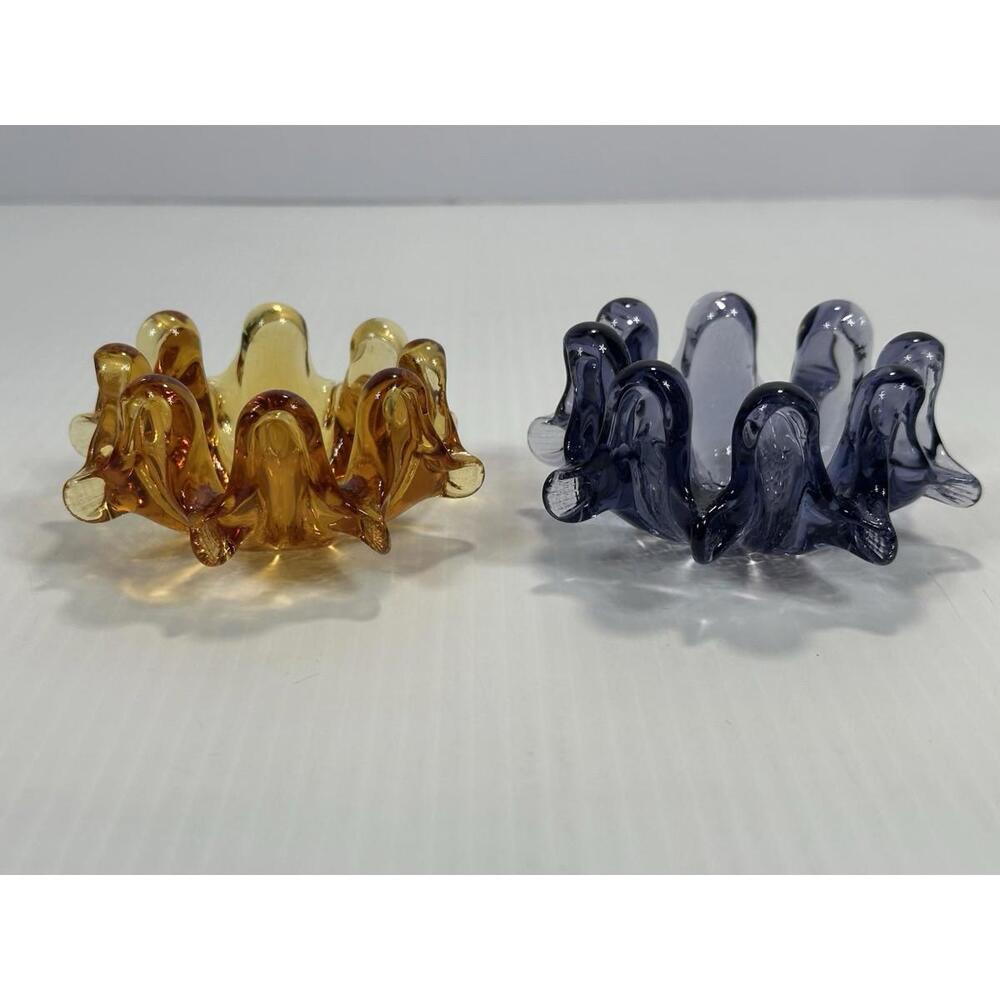 Art Glass Bowls 8 Finger Murano Style Blue Amber Nesting‎ Stacking MCM Ashtray